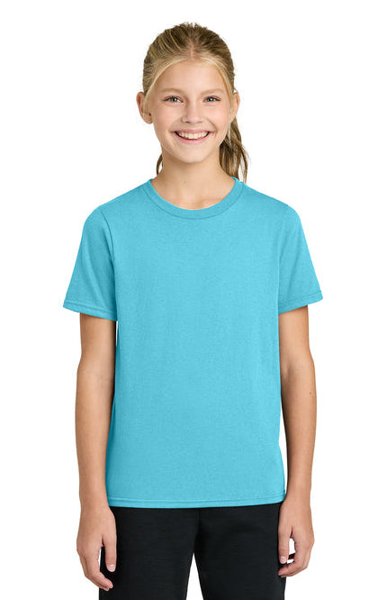 Young girl wearing a light blue t-shirt on a white background