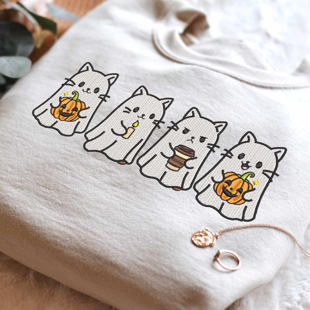 Ghost Cat Embroidered Hoodie & Sweatshirt – Military Green