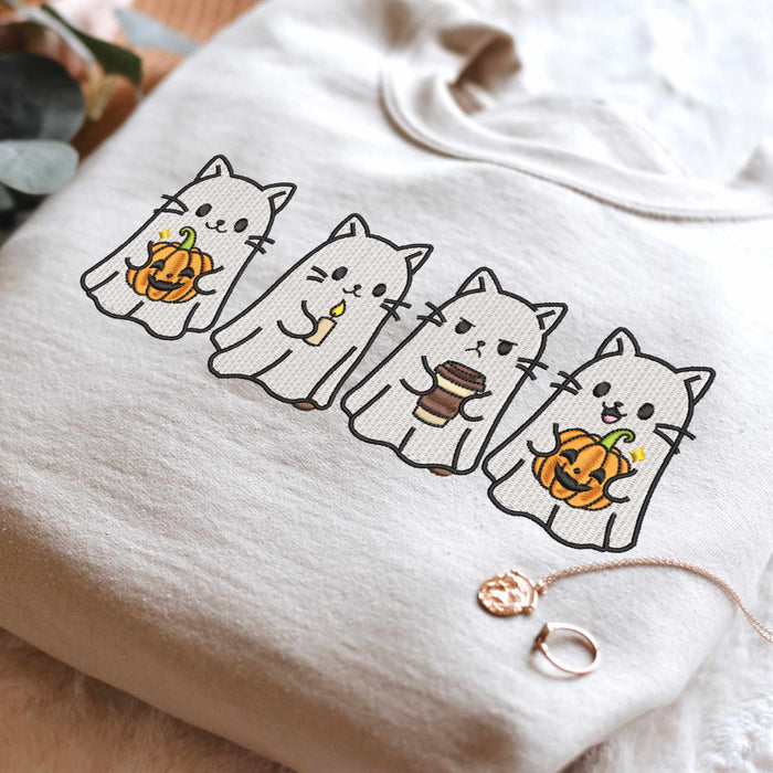 Ghost Cat Embroidered Hoodie & Sweatshirt – Military Green