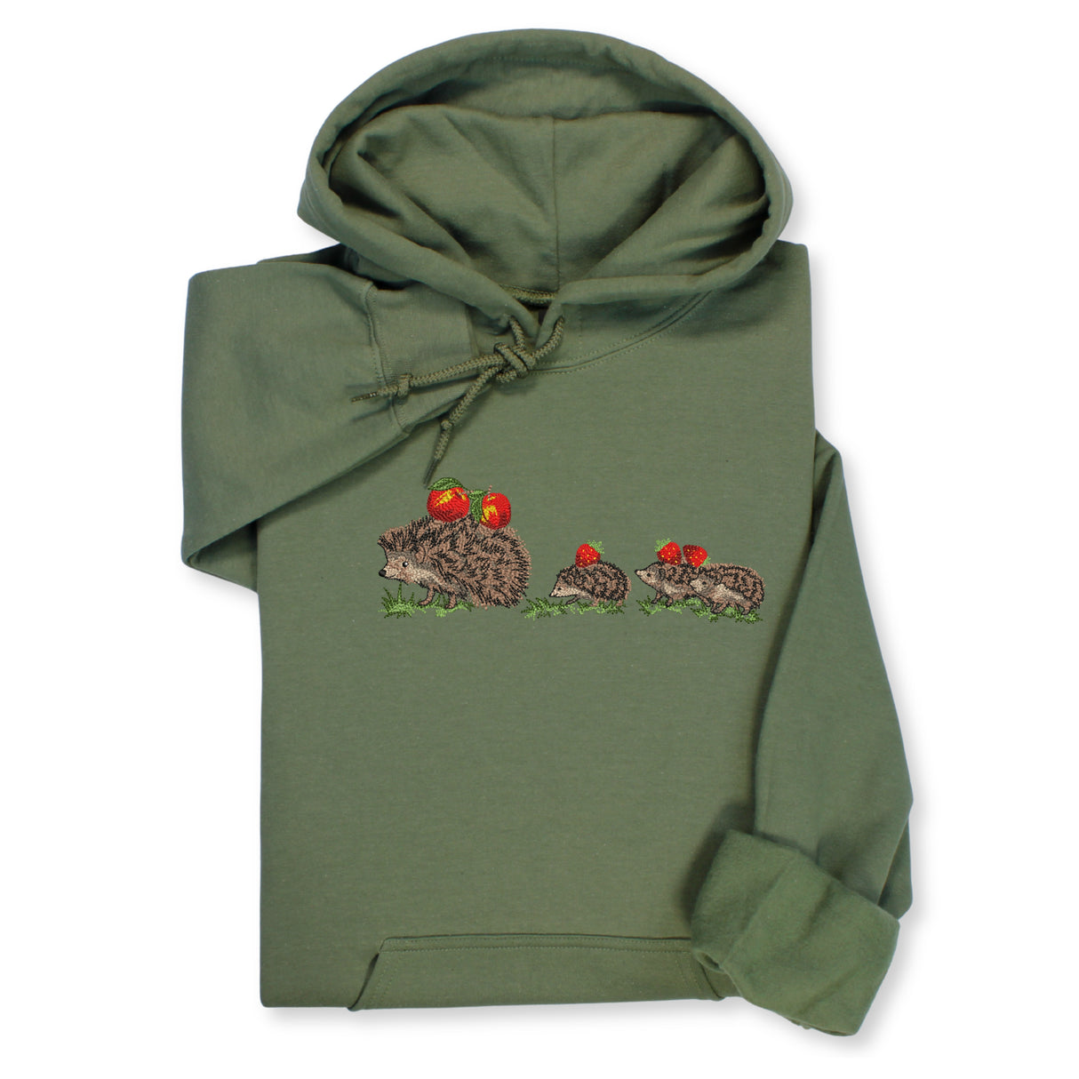 Hedgehog Family Embroidered Hoodie & Sweatshirt – Military Green Hoodie
